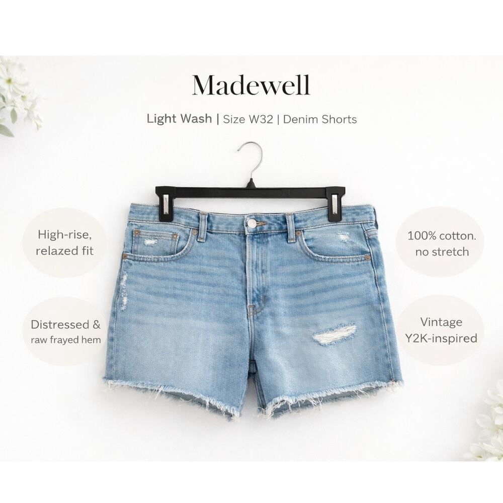 New Madewell Brynn Denim Shorts $84 W32  Light Wash Distressed Raw Hem High Rise